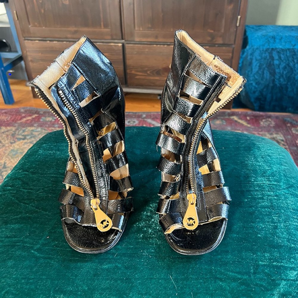 Michael Kors Black Strappy Patent Leather bootie, open-toe, gold zipper